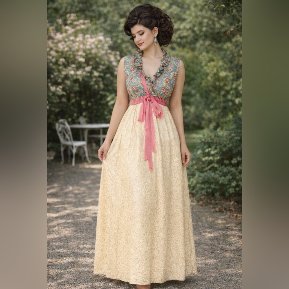*Mr. Hank - vintage 1960’s sleeveless maxi dress-mod floral & lace, ruffled neck